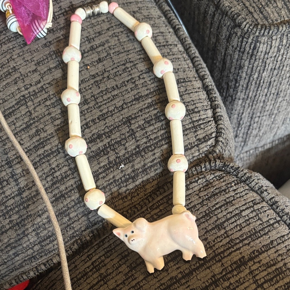 Flying Colors Ceramic Pig Beaded Necklace Pink White Dots